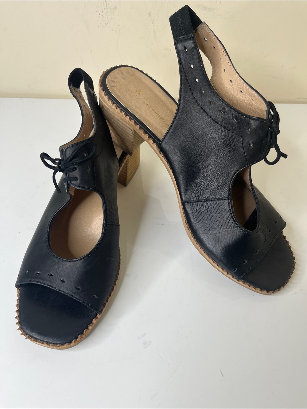 Anthropologie Black Leather Open-Toe Slingback Wood-Effect Block Heel US 9, EU40